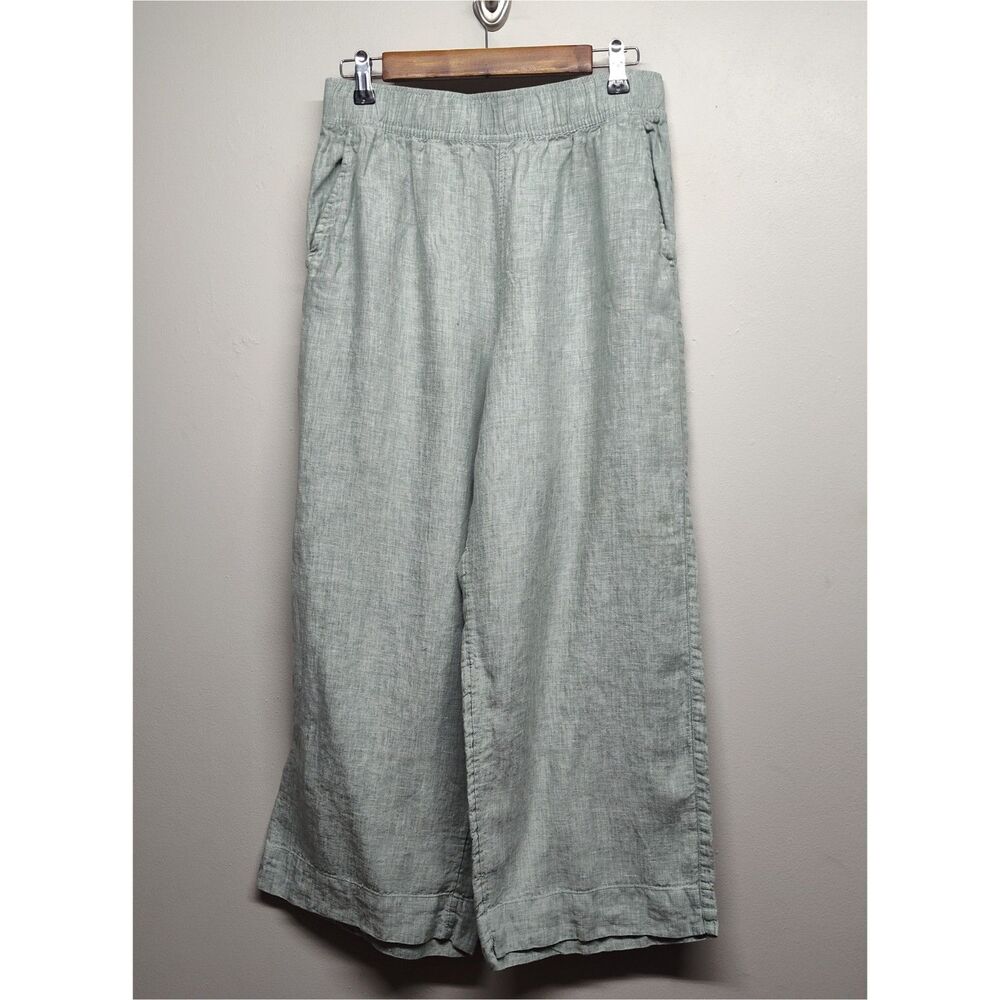 TAHARI Wide Leg 100% Linen Pants Women M Green Elastic Waist Coastal Resortwear
